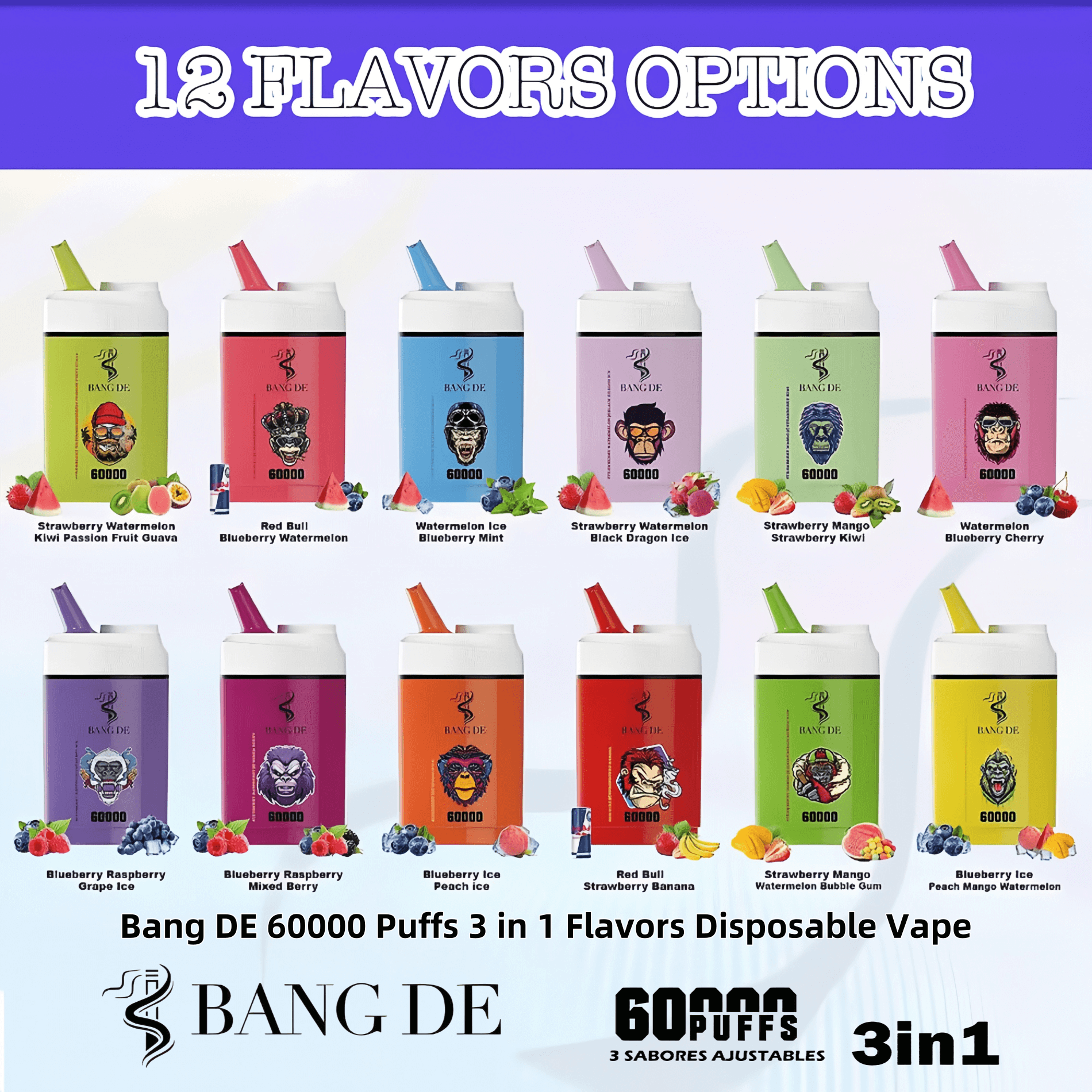 Promotional image showcasing Bang DE disposable vape products, offering 12 flavor options such as Strawberry Watermelon Kiwi Passion Fruit Guava and Blueberry Raspberry Peach Ice, across three combinations in one device with 60,000 puffs.