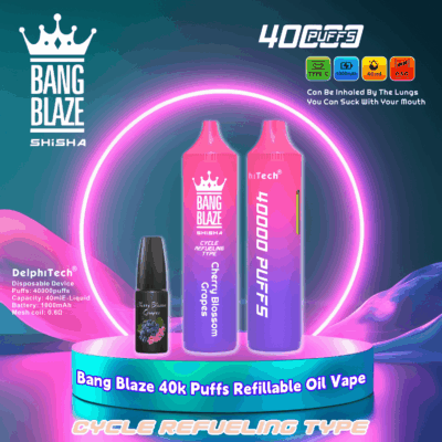 Publicidad del vaporizador de aceite recargable Bang Blaze de 40.000 bocanadas, que presenta un diseño degradado de color rosa y morado, con sabor a uvas de flor de cerezo y una botella de líquido para vapear, resaltada por una luz circular de neón y especificaciones del producto como carga tipo C y una batería de 1000 mAh.