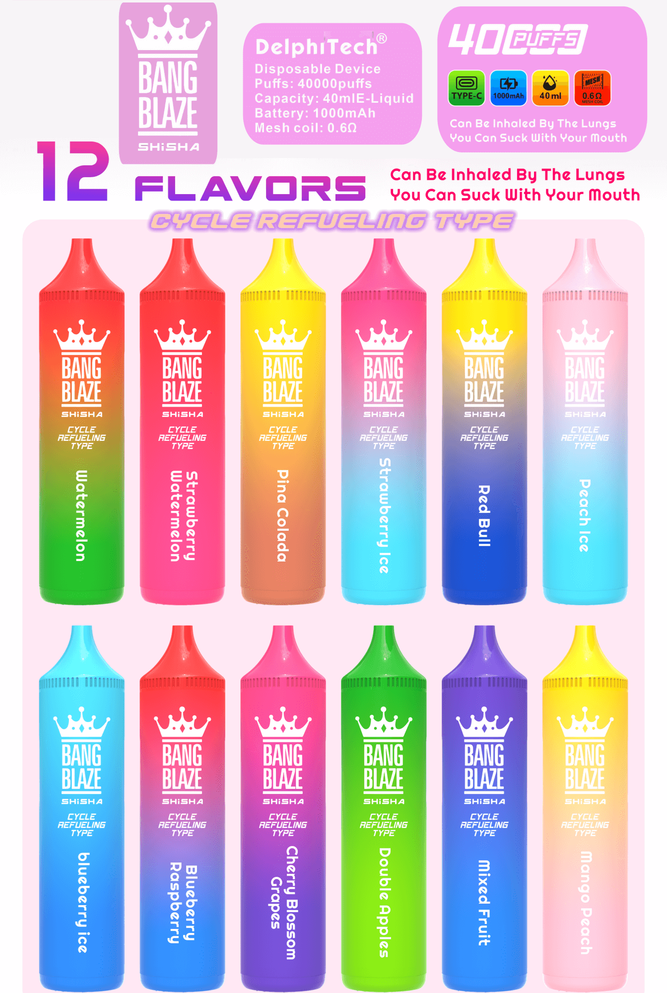 Promotieafbeelding met 12 Bang Blaze shisha wegwerp-vape-smaken, waaronder Watermelon, Strawberry Watermelon, Pina Colada, Strawberry Ice, Red Bull, Peach Ice, Blueberry Ice, Blueberry Raspberry, Cherry Blossom Grapes, Double Apples, Mixed Fruit en Mango Peach. Productkenmerken zoals 40.000 trekjes, 40 ml e-liquid-capaciteit en een 1000 mAh-batterij worden benadrukt.