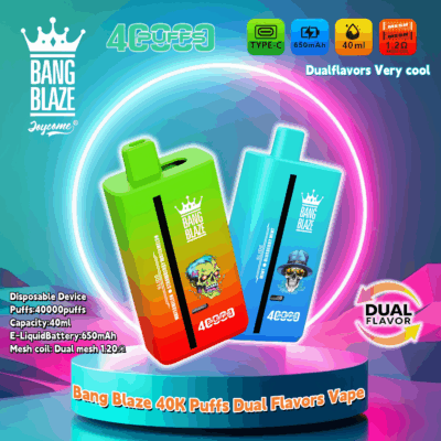 Promotional image showcasing Bang Blaze's dual-flavor disposable vape device in bright green and blue variations, emphasizing features like 40,000 puffs capacity, 650mAh battery, and 40ml e-liquid capacity with a dual mesh coil, against a vibrant neon-themed background.