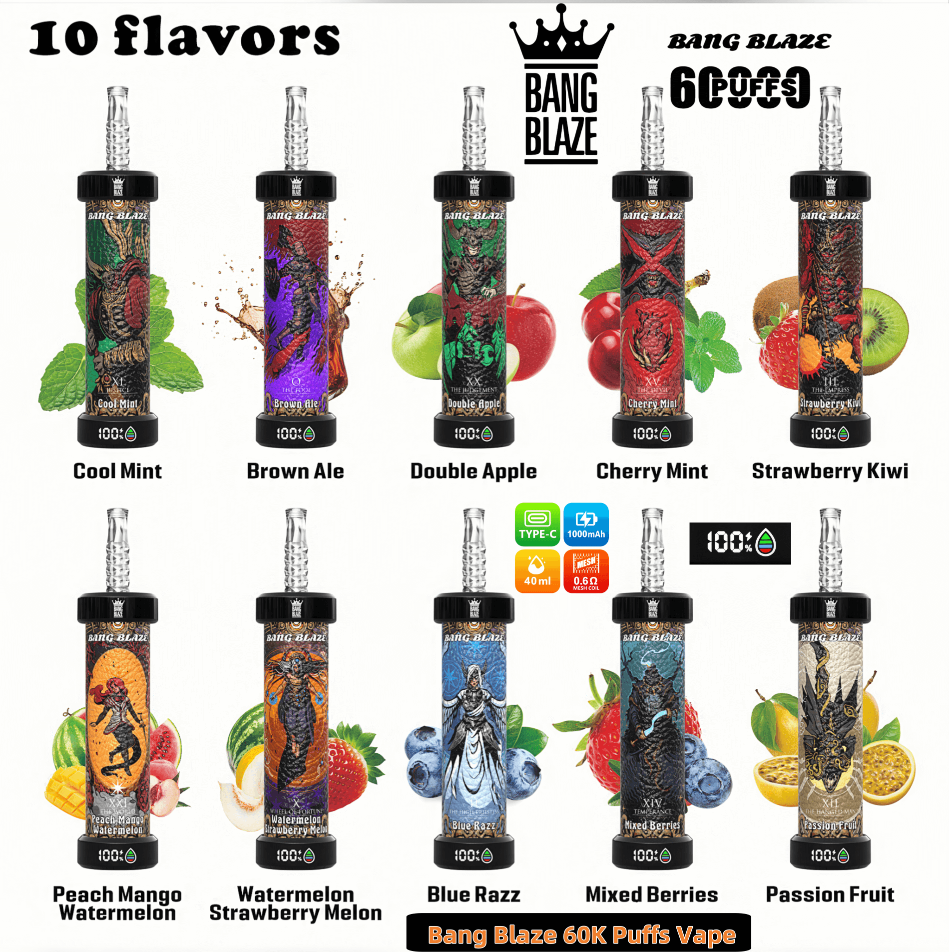 Werbebild mit zehn Geschmacksoptionen für die Bang Blaze Vape-Serie, darunter Cool Mint, Brown Ale, Double Apple, Cherry Mint, Strawberry Kiwi, Peach Mango Watermelon, Watermelon Strawberry Melon, Blue Razz, Mixed Berries und Passionsfrucht, jeweils dargestellt durch eine eigene Farbe und Fruchtabbildung mit Produktspezifikationen wie 60.000 Zügen Kapazität und TYPE-C-Ladekompatibilität.