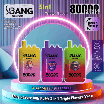 Reklambild av Bang Leader 80000 Puffs 3-i-1-vapen, som visar upp tre färgglada varianter med tre smakalternativ och märkta specifikationer.