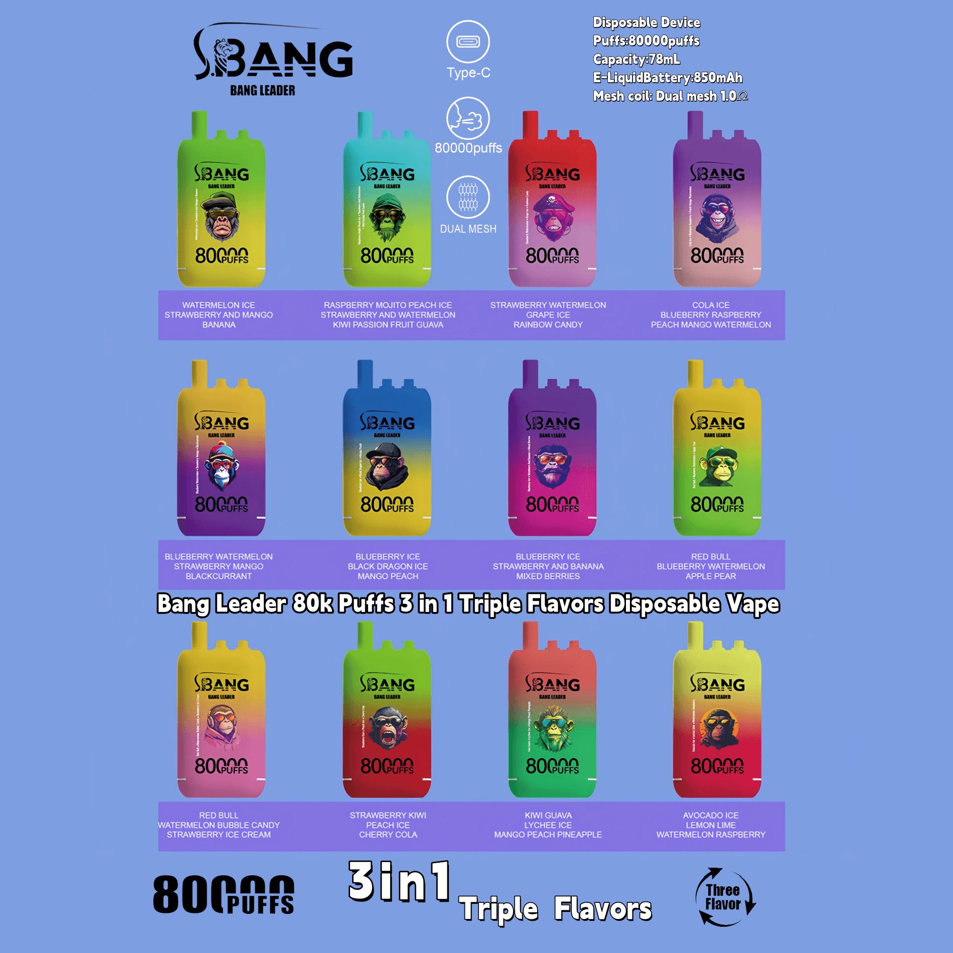 Une image promotionnelle pour les vapes jetables Bang Leader présentant une gamme d'appareils colorés, chacun avec des combinaisons de saveurs et des spécifications uniques telles que 80 000 bouffées, des bobines à double maille et une compatibilité de charge de type C.