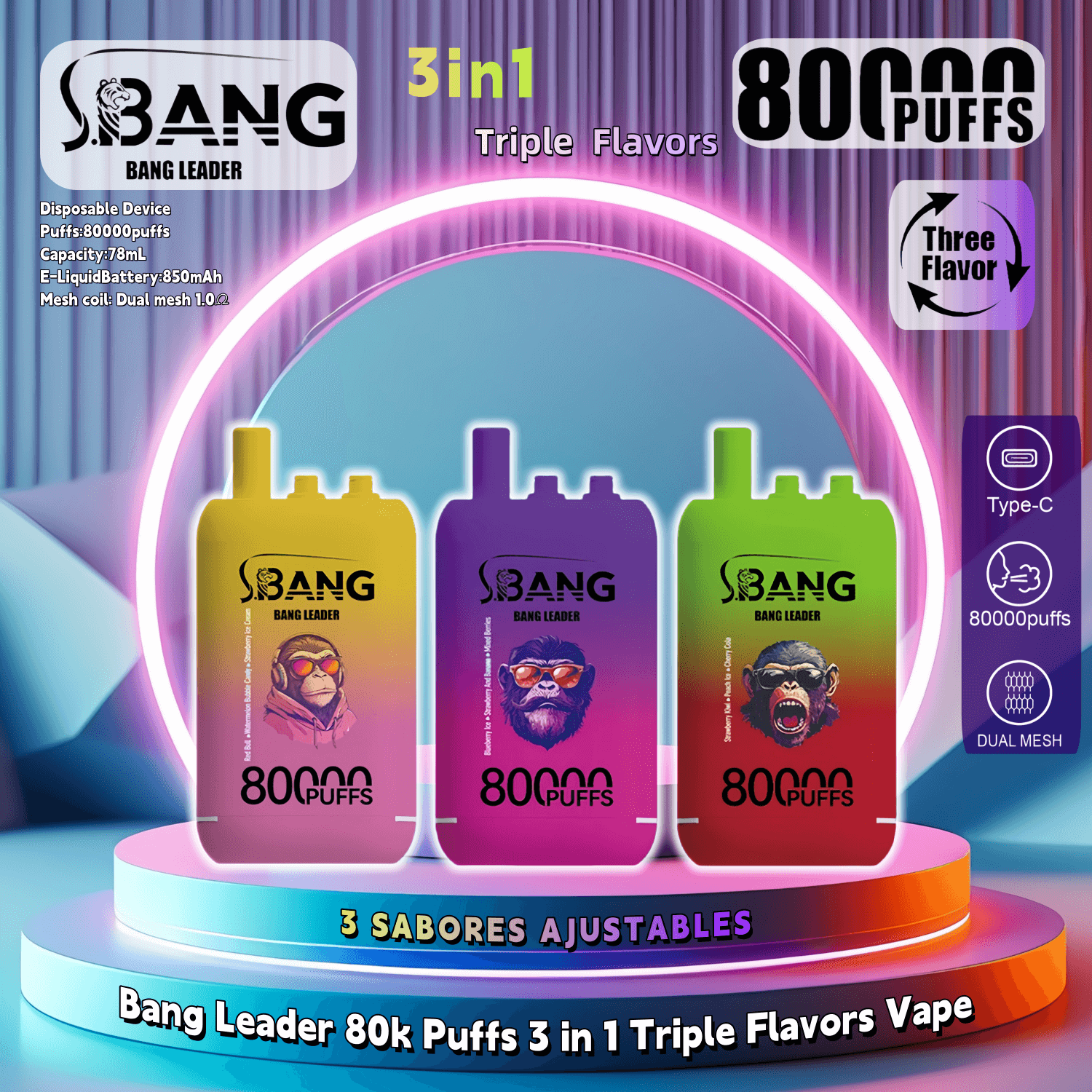 Bang Leader 80000 8万回吸引 使い捨てベイプペン 3 in 1 トリプル
