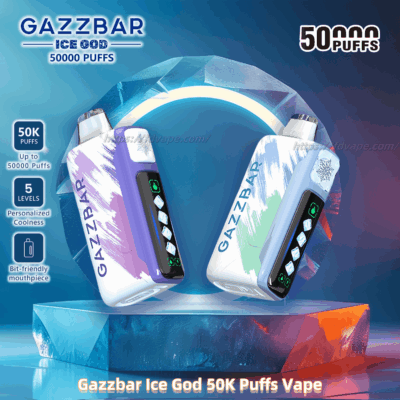 Image of two Gazzbar Ice God vape devices, each showcasing a colorful design and digital display, with text highlighting 50,000 puffs, personalization options, and bit-friendly mouthpieces against a cool-toned backdrop.