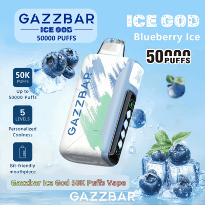 Promotional image for Gazzbar Ice God 50,000 Puff Vape, highlighting features like blueberry ice flavor, adjustable cooling levels, and ergonomic mouthpiece with a background of blueberries and ice cubes.