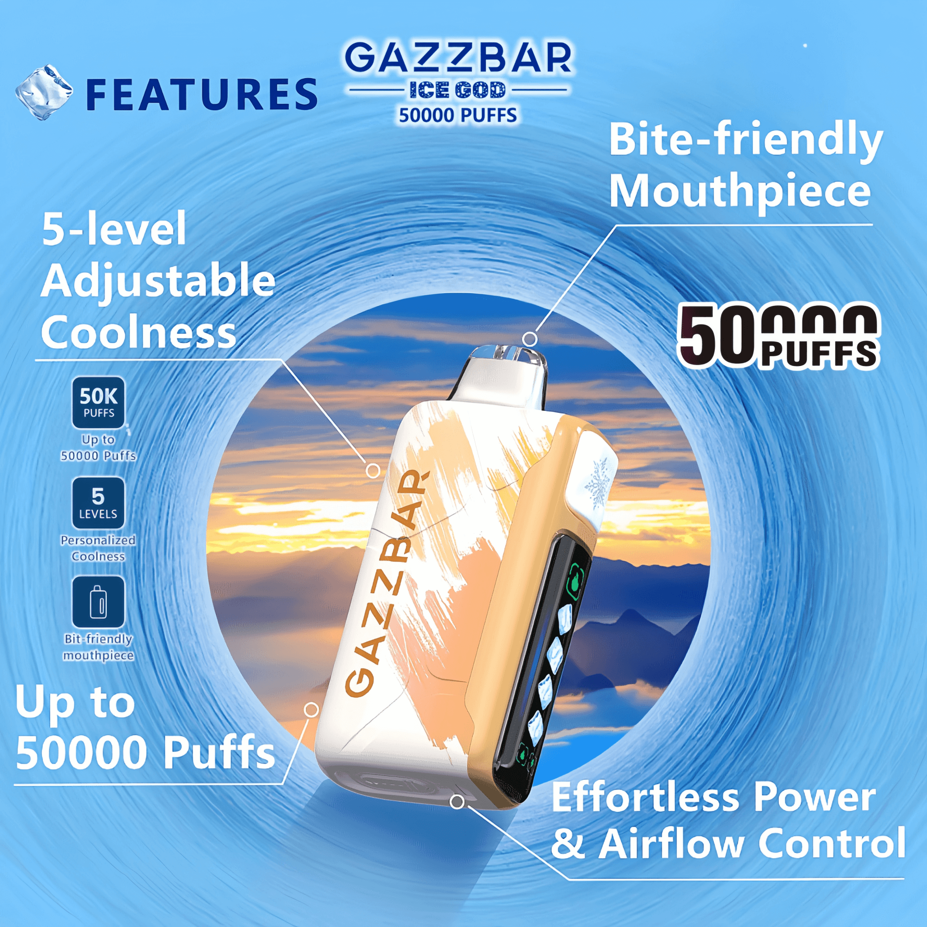 Promotional image for Gazzbar Ice God showcasing features like 5-level adjustable coolness, bite-friendly mouthpiece, and up to 50,000 puffs, set against a blue vortex and sunset background.