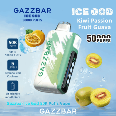 Advertisement for Gazzbar Ice God 50K Puffs Vape featuring a sleek device with a green and white design, surrounded by images of kiwi, passion fruit, and guava, highlighting features like 50,000 puffs, five levels of personalized coolness, and a bit-friendly mouthpiece.