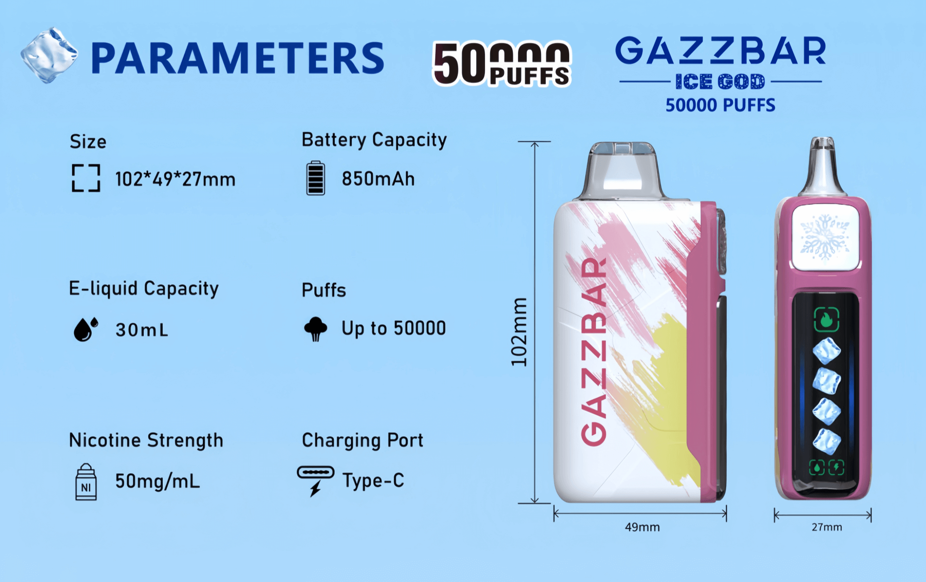 Image of a Gazzbar Ice God vape with parameters including size (102×49×27mm), battery capacity (850mAh), e-liquid capacity (30mL), up to 50,000 puffs, nicotine strength (50mg/mL), and Type-C charging port.