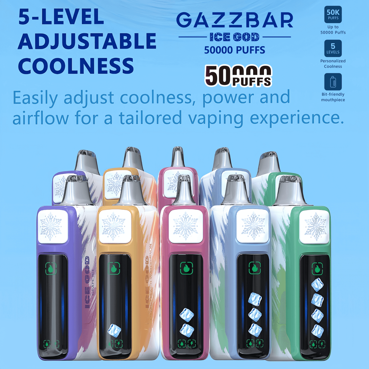 Image of seven colorful Gazzbar Ice God vaping devices with 50,000 puff capacity, featuring 5-level adjustable coolness labeled as easily adjustable for a tailored vaping experience on a blue background.