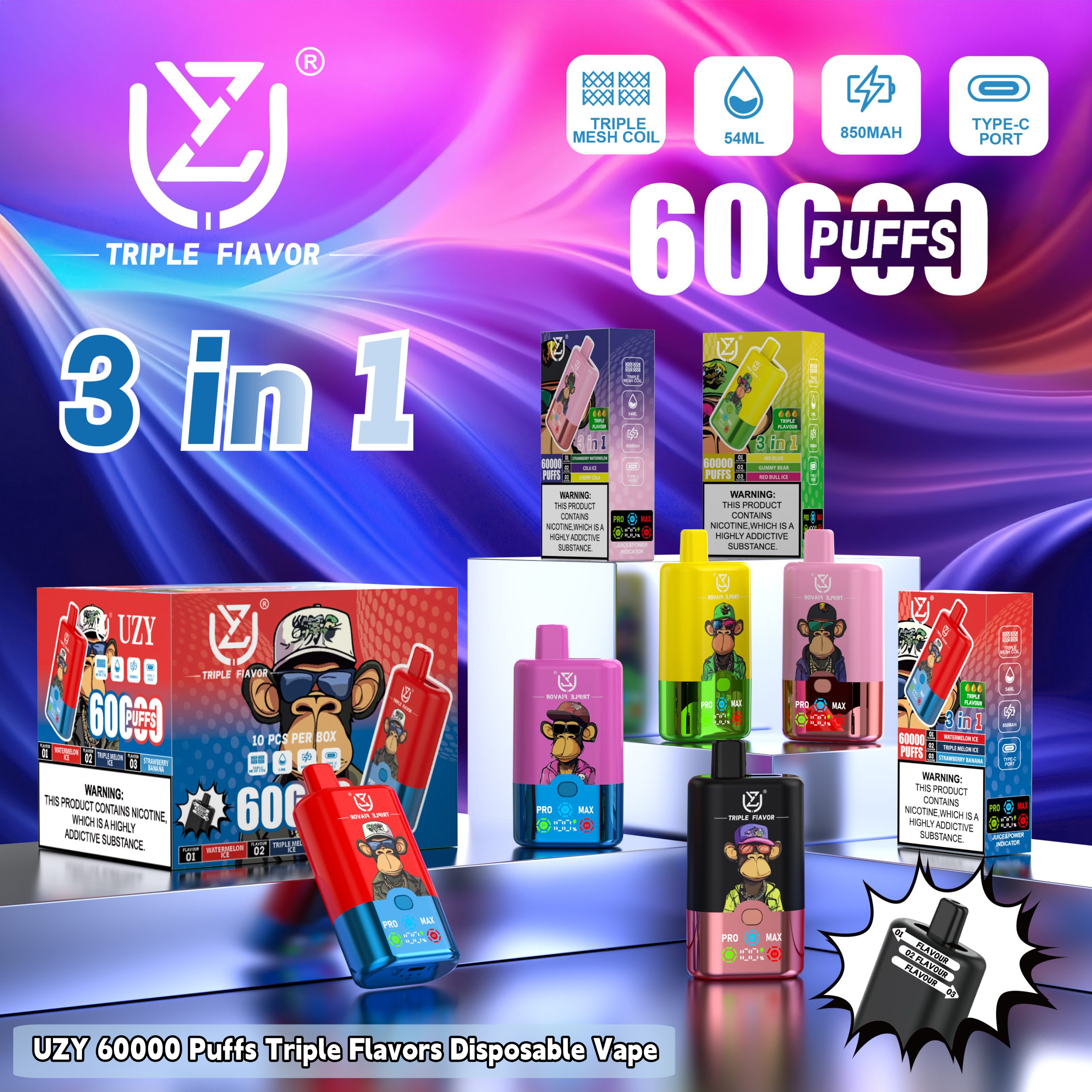 Promotional image showcasing UZY Triple Flavor disposable vape devices, highlighting features such as 60,000 puffs, triple mesh coil, 54ml capacity, 850mAh battery, Type-C charging port, and vibrant product designs against a colorful background.