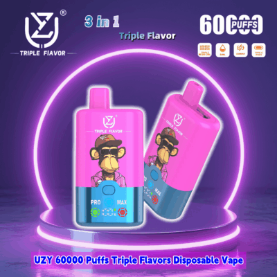Diagram highlighting the features of the UZY Triple Flavor 60000 Puffs Disposable Vape with a brightly colored monkey illustration and a purple background.