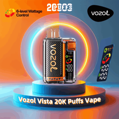 Vozol Vista 20K Puffs Vape showcasing its 6-level wattage control feature, displayed on a circular platform in a colorful background, with the Vozol logo and advanced SLiC Tech settings visible.