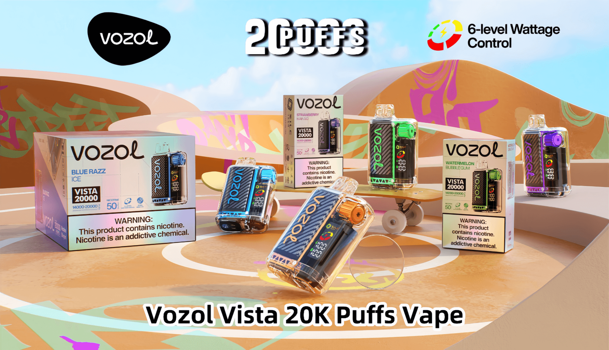 Image showing various flavors of Vozol Vista 20000 Puff vape products displayed on a skateboard in a colorful, skateboard park setting, with packaging highlighting nicotine warning and 6-level wattage control features.