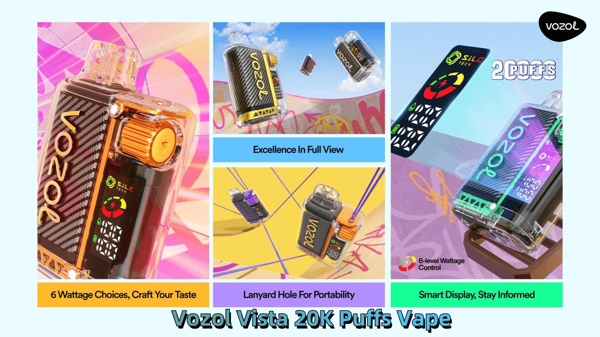 Promotional image for Vozol Vista 20K Puffs Vape showing various features including 6 wattage choices, a lanyard hole for portability, and a smart display, with a colorful background and logo.