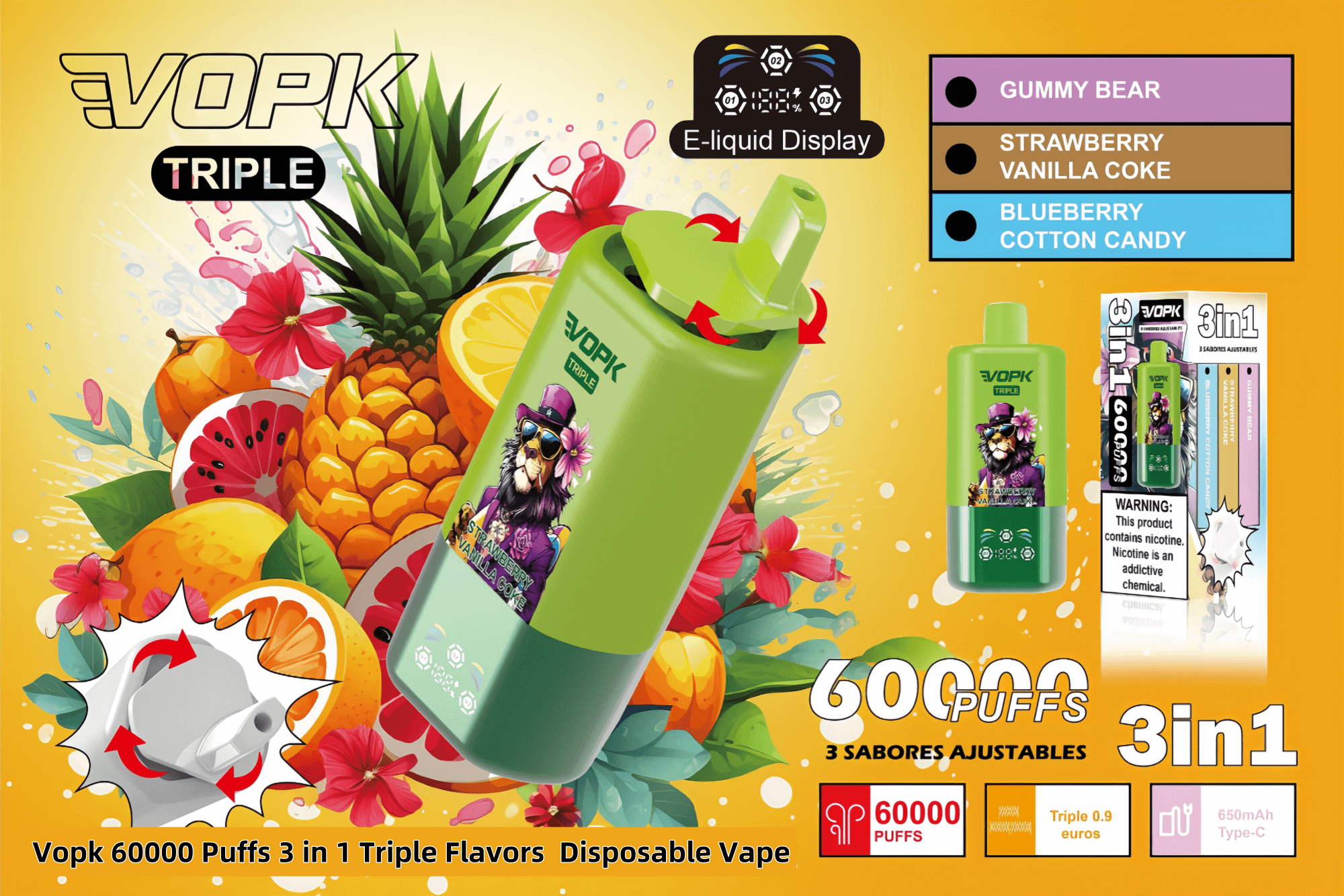 Promotional image of the VOPK Triple disposable vape highlighting its 3-in-1 flavors, e-liquid display, 60,000 puffs capacity, and 650mAh type-C charging feature, set against a colorful background with tropical fruits and branding.