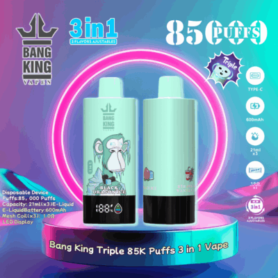 Imagen promocional del vaporizador desechable Bang King Triple 85K, que muestra dos dispositivos con pantalla LED, 3 sabores ajustables, ilustraciones y especificaciones del producto como 85,000 bocanadas y una batería de 600 mAh.