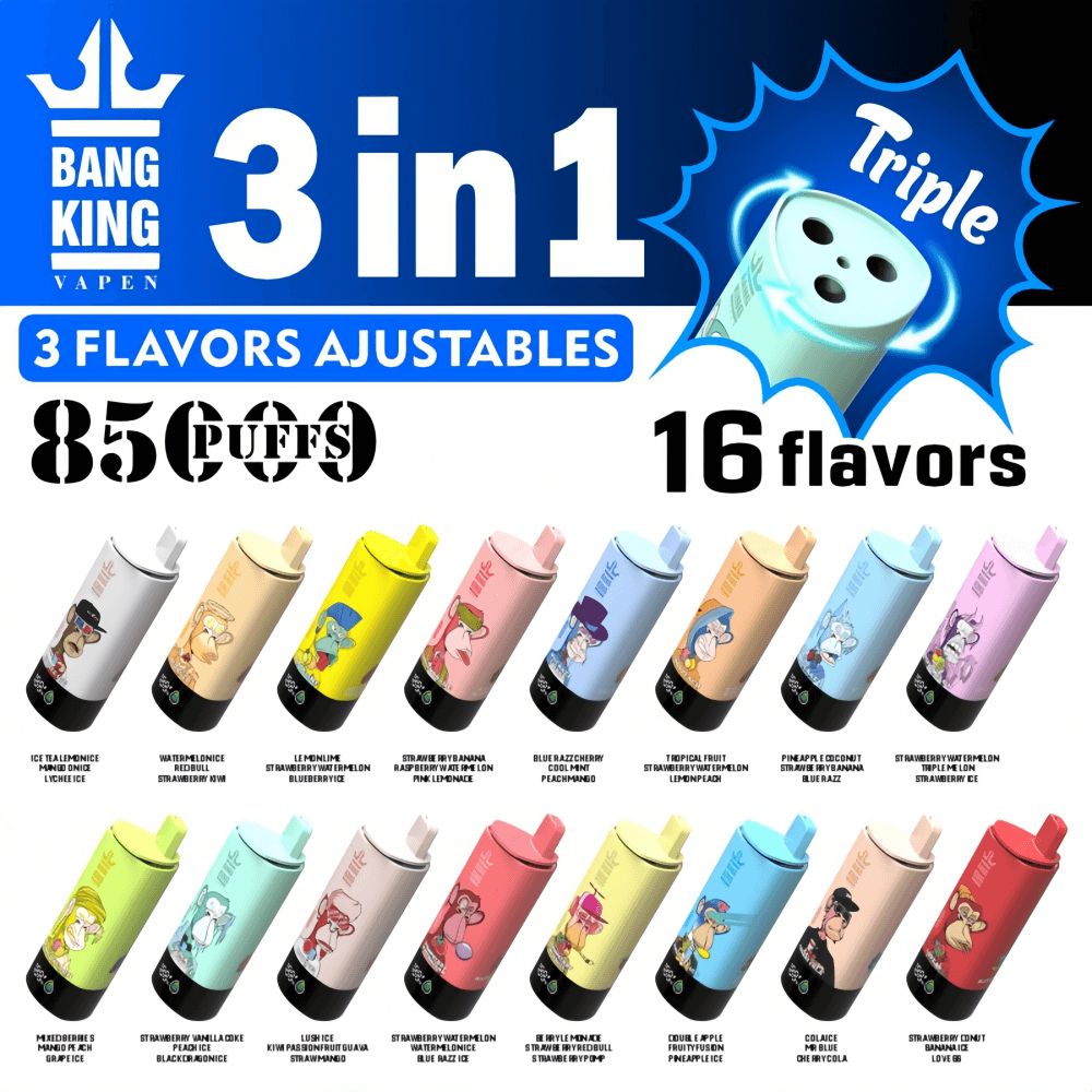 Gráfico promocional de los vapes desechables 3 en 1 Bang King Vapen, que muestra 16 sabores ajustables y resalta la capacidad de 8500 bocanadas.