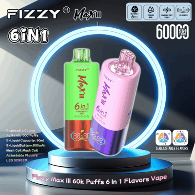 Promotiefoto voor de Fizzy Max III 6-in-1 vape met twee kleurrijke wegwerp-apparaten met functies zoals 60.000 trekjes, 6 instelbare smaken, een 850 mAh-batterij en een LED-scherm.