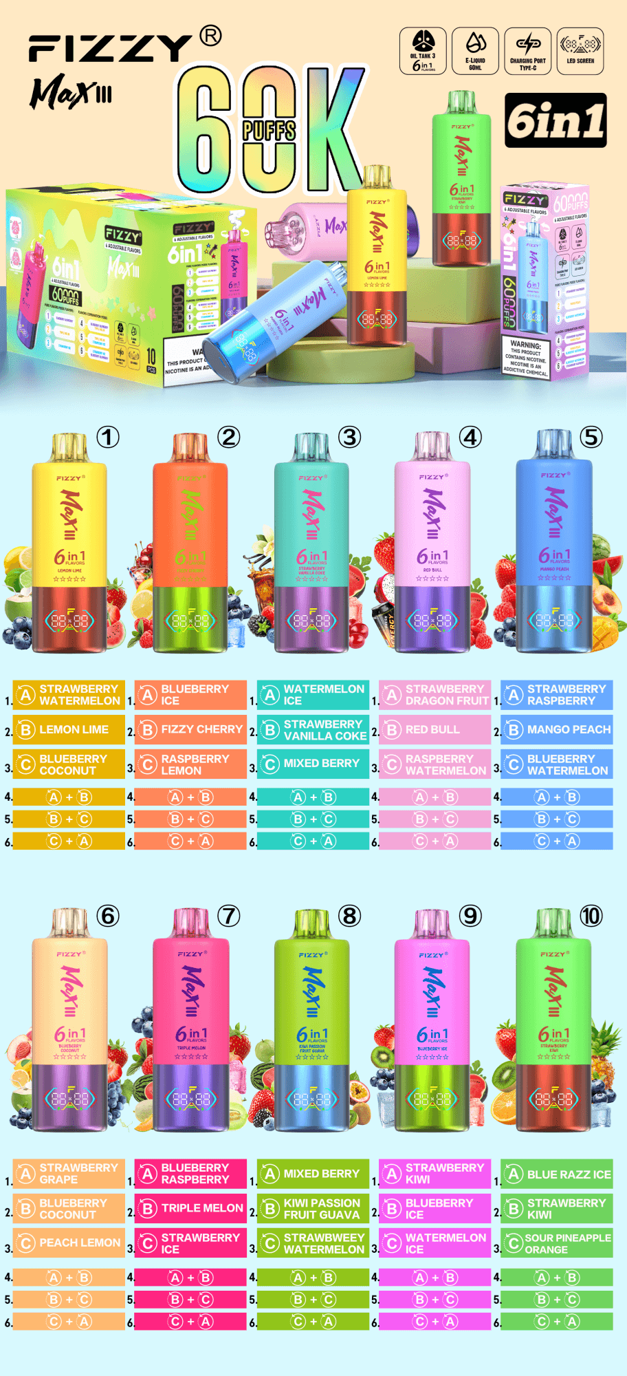 Imagen promocional que muestra los dispositivos de vapeo desechables con sabor Fizzy Max III 6 en 1 con tablas de selección para varias combinaciones de sabores.