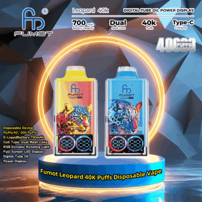 Advertisement image showcasing two Fumot Leopard 40K Puffs Disposable Vape devices, each featuring vibrant leopard designs with digital tube oil power displays, dual mesh coils, RGB dynamic lights, and LED screens; includes detailed device specifications like battery capacity and charging type.