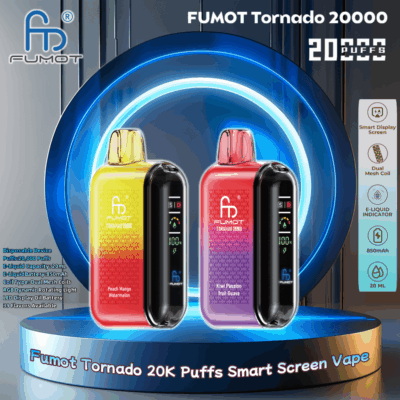 Two Fumot Tornado 20000 vapes displayed on a blue illuminated circular platform with digital screens, offered in Peach Mango Watermelon and Kiwi Passion Fruit Guava flavors, emphasizing features like 20,000 puffs, 20ml e-liquid capacity, and dual mesh coils.