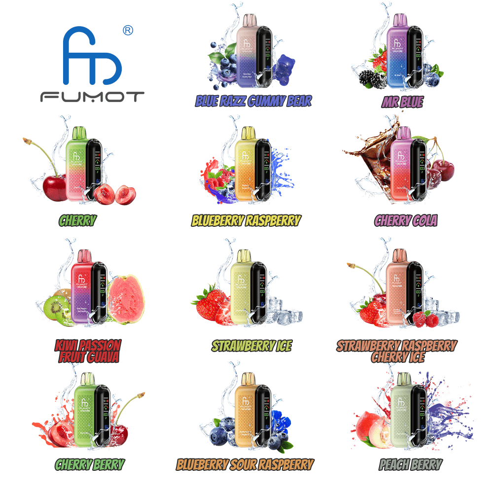 Een raster met negen Fumot-vape-apparaten met de bijbehorende smaken, waaronder Blue Razz Gummy Bear, Cherry, Kiwi Passion Fruit Guava, Mr. Blue, Blueberry Raspberry, Strawberry Ice, Cherry Cola, Strawberry Raspberry Cherry Ice, Pepper Berry en Blueberry Sour Raspberry, elk visueel weergegeven met spatten water en fruit dat bij de smaken hoort, naast het Fumot-logo hierboven.
