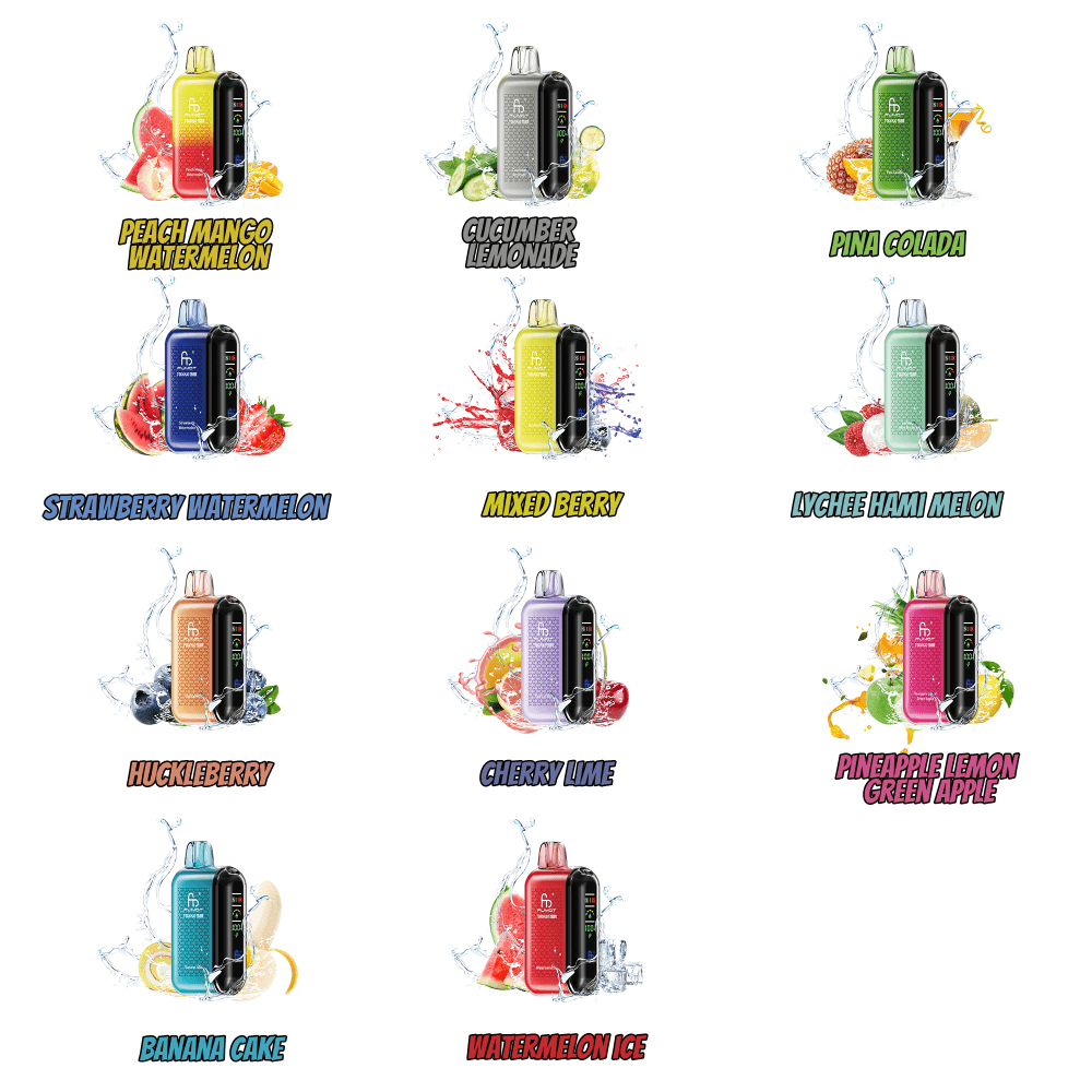 Een raster met elf verschillende smaken wegwerp-vapes, waaronder Peach Mango Watermelon, Cucumber Lemonade, Piña Colada, Strawberry Watermelon, Mixed Berry, Lychee Hami Melon, Huckleberry, Cherry Lime, Pineapple Lemon Green Apple, Banana Cake en Watermelon Ice, elk vergezeld door kleurrijke fruitillustraties.