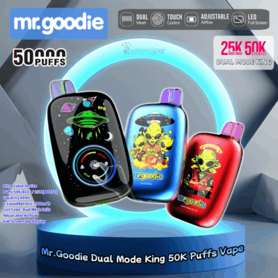 Drie kleurrijke Mr. Goodie wegwerp-vape-apparaten met een buitenaards thema, die hun dual-mode-capaciteit met maximaal 50.000 trekjes en functies zoals instelbare luchtstroom en aanraakbediening benadrukken, tegen een futuristische achtergrond.