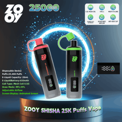 Immagine promozionale per i dispositivi Zooy Shisha 25K Puffs Vape con gusti Strawberry Ice e Lime 777, che evidenziano una capacità di 25.000 tiri, e-liquid da 28 ml, batteria da 650 mAh, bobina a rete da 0,5 Ω, flusso d'aria regolabile, display animato e ricarica di tipo C con tappo antipolvere.