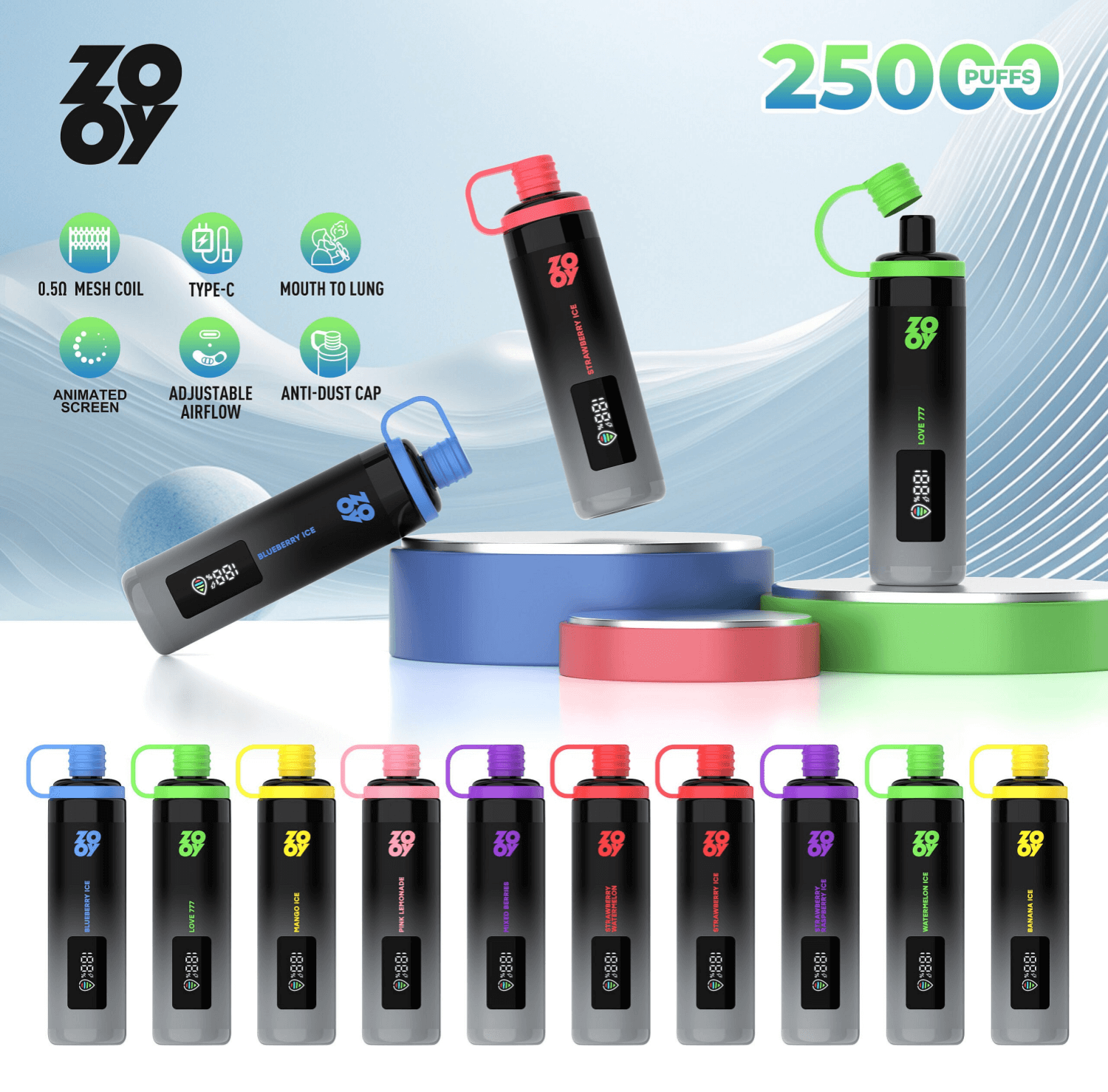 Una colección de vaporizadores coloridos, cada uno con una pantalla digital, que se muestran con características como bobina de malla, puerto tipo C, capacidad de boca a pulmón, pantalla animada, flujo de aire ajustable y tapa antipolvo, resaltadas en íconos y texto.