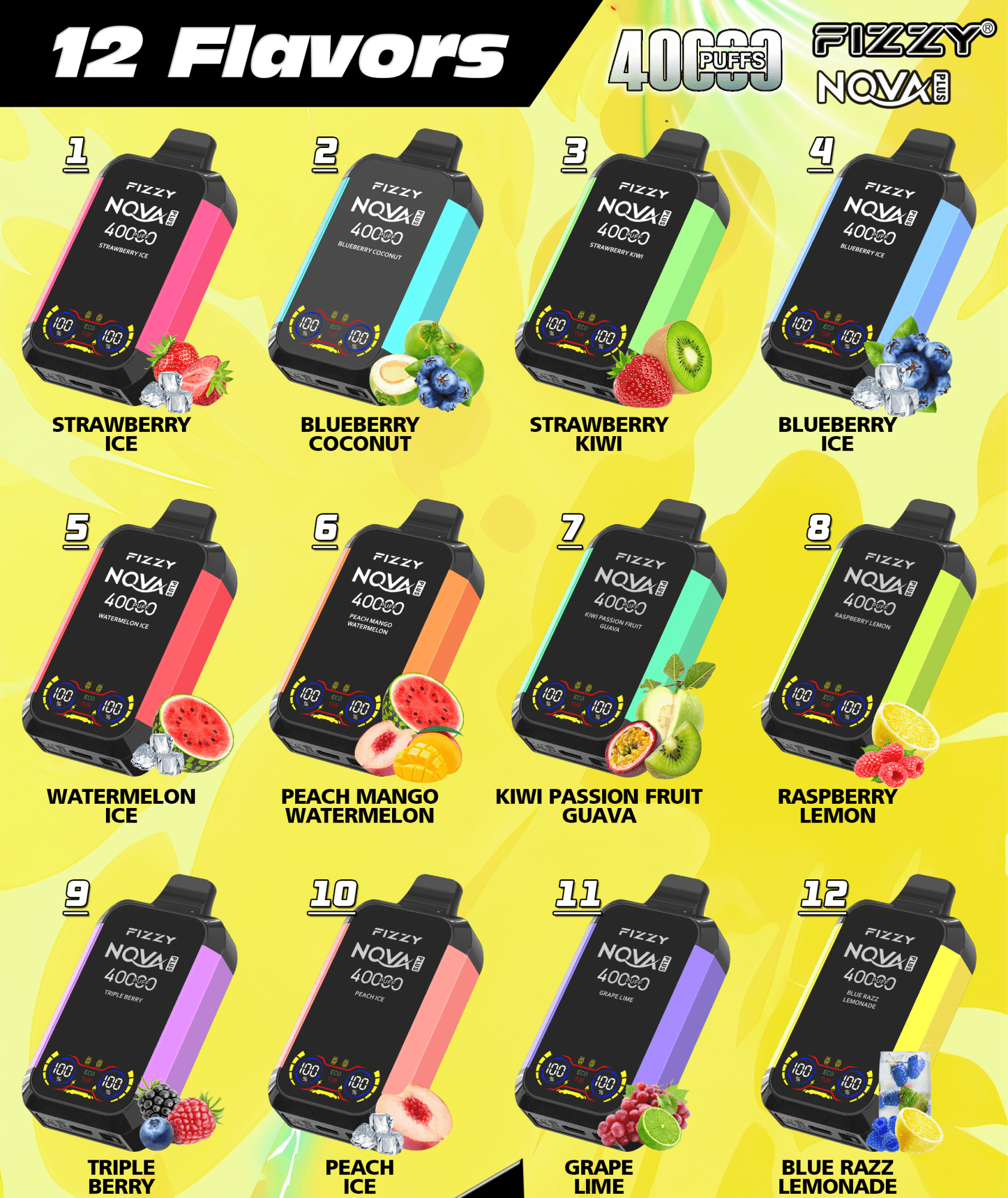 Werbebild für den Einweg-Vaporizer Fizzy Nova 4000 mit zwölf verschiedenen Geschmacksrichtungen, jeweils illustriert mit entsprechenden Früchten auf farbenfrohen Designs.