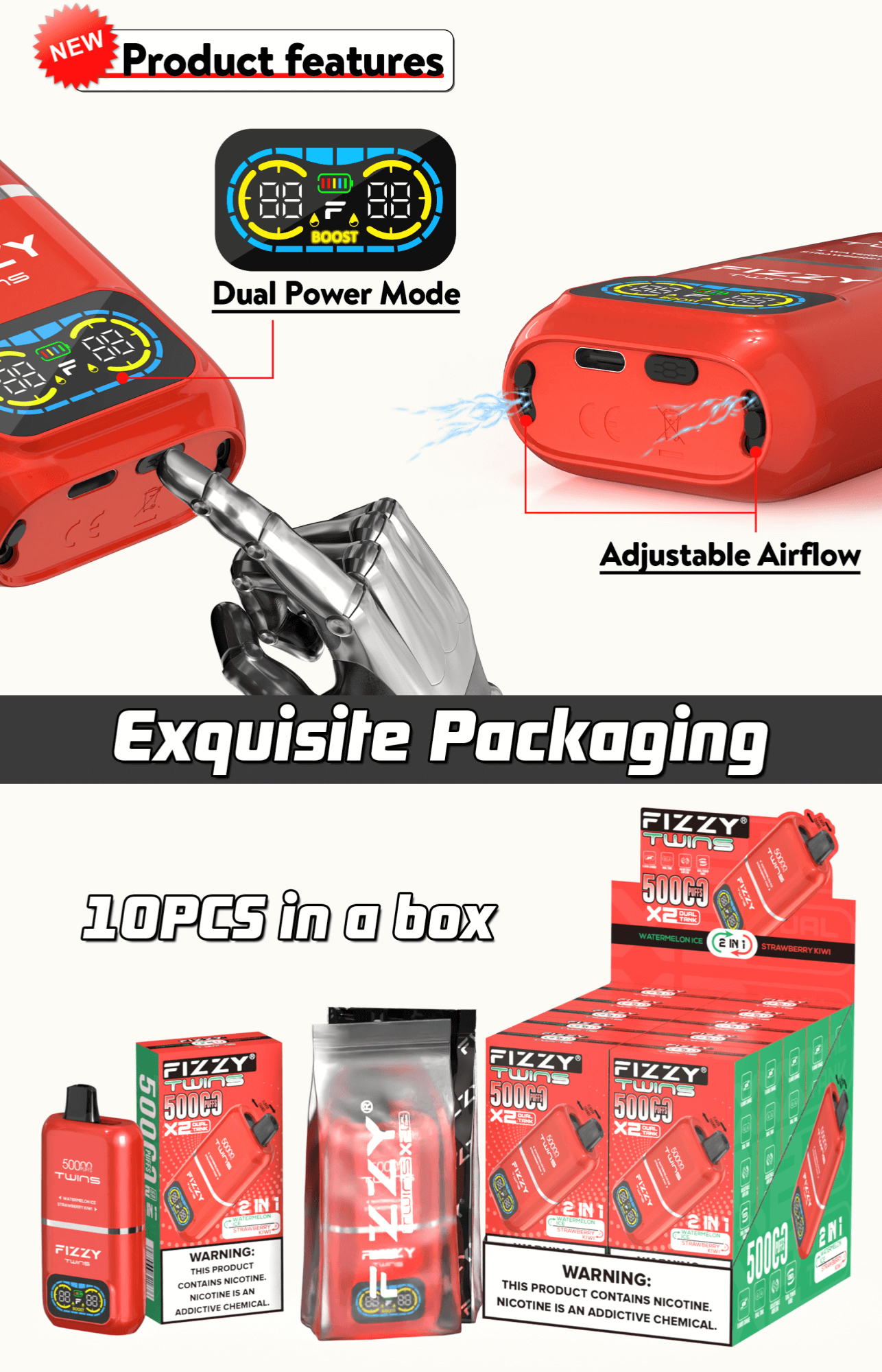 Promotiefoto van een rood vape-apparaat met functies zoals een dubbele vermogensmodus en instelbare luchtstroom, vergezeld door een verpakking waarin 10 stuks per doos worden weergegeven.