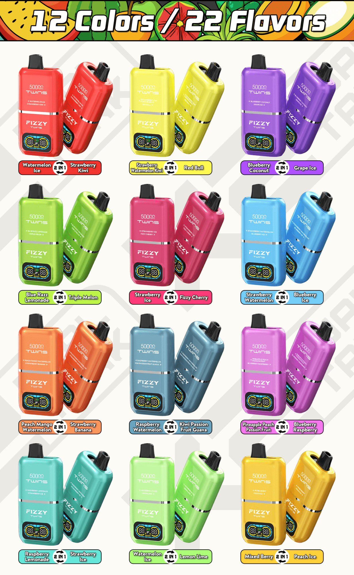 Een kleurrijke promotieafbeelding waarop twaalf verschillende smaken van de Fizzy Twins 5000 wegwerp-vape-apparaten worden getoond, waarbij de twee smaken per paar worden getoond. In totaal zijn er 22 smaakopties en levendige ontwerpen van de apparaten.