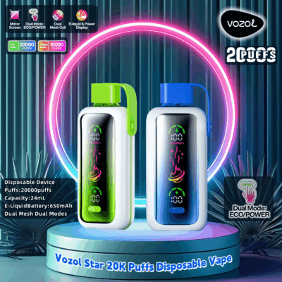 Reklambild som visar två Vozol Star 20K engångsvape-enheter i grönt och blått, med LED-display och dubbelt läge med ECO- och POWER-inställningar, mot en futuristisk neonbelyst bakgrund.