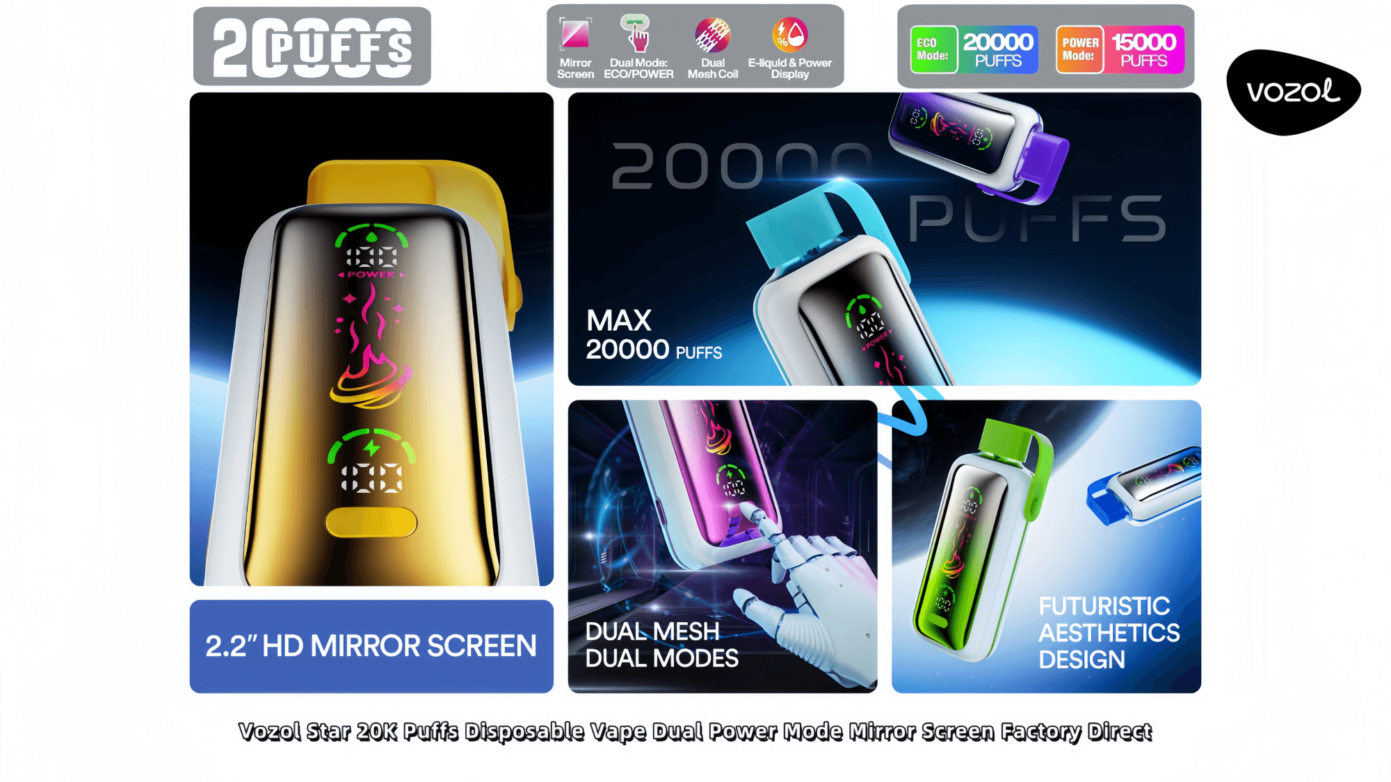 Reklambild för Vozol Star 20K Puffs engångsvapes, som visar upp funktioner som en 2,2-tums HD-spegelskärm, dubbla mesh-coillägen och futuristisk design i olika färger.