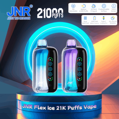 Image montrant deux appareils JNR Flex Ice 21K Puffs Vape avec un design élégant en noir et dégradé de couleurs, sur fond de style futuriste bleu et orange.
