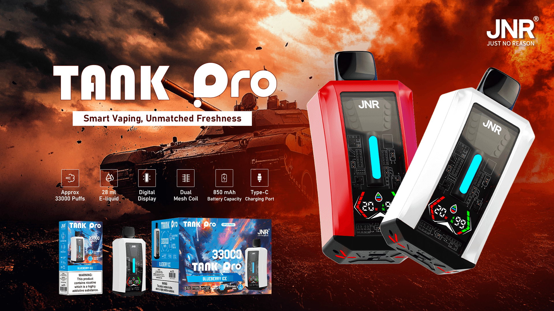 Reklambild för JNR Tank Pro vape, med två enheter i rött och vitt med digitala displayer framför en dynamisk bakgrund med slagfältstema, som framhäver dess specifikationer som 33 000 bloss, laddning via Type-C-port och dubbla mesh-spolar.