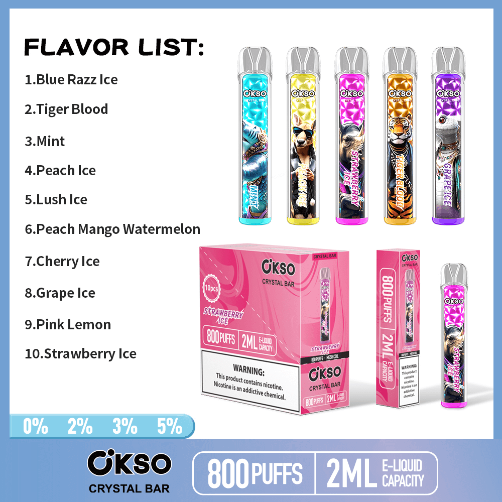 Gráfico promocional para dispositivos de vaporização descartáveis OKSO Crystal Bar, apresentando uma lista de sabores, designs de produtos individuais, embalagens e especificações, incluindo 800 tragadas, capacidade de e-líquido de 2 ml e opções de conteúdo de nicotina (0%, 2%, 3%, 5%).