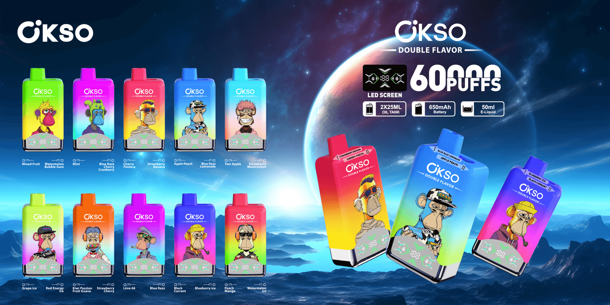 Imagem promocional dos dispositivos de vaporização OKSO Double Flavor com embalagem colorida e arte estilizada de macaco, exibindo diversas opções de sabores como Mixed Fruit, Blue Razz e Peach Mango em um fundo com tema espacial, destacando recursos como 60.000 tragadas, tela de LED e capacidade de e-líquido de 50 ml.