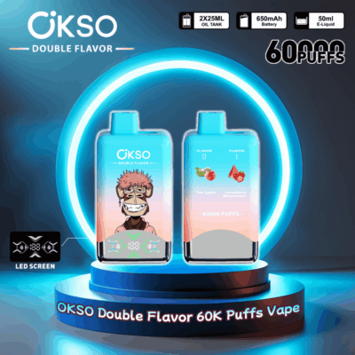 Promotiefoto van de OKSO Double Flavor vape met 60.000 trekjes, een e-liquid capaciteit van 50 ml, twee smaken en een LED-display, geplaatst in een neonblauwe cirkel.