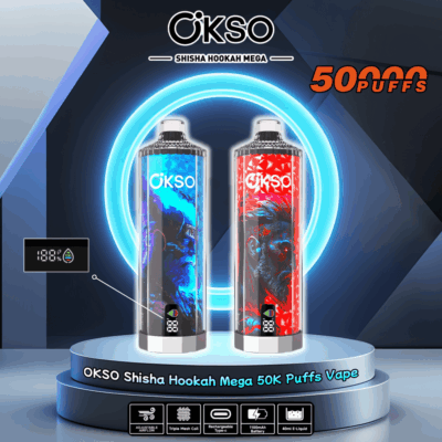 Promotional image showcasing OKSO Shisha Hookah Mega vape devices in red and blue designs, featuring branding, an LED display, and highlights such as 50,000 puffs capacity, 40ml e-liquid chamber, and 1100 mAh battery.