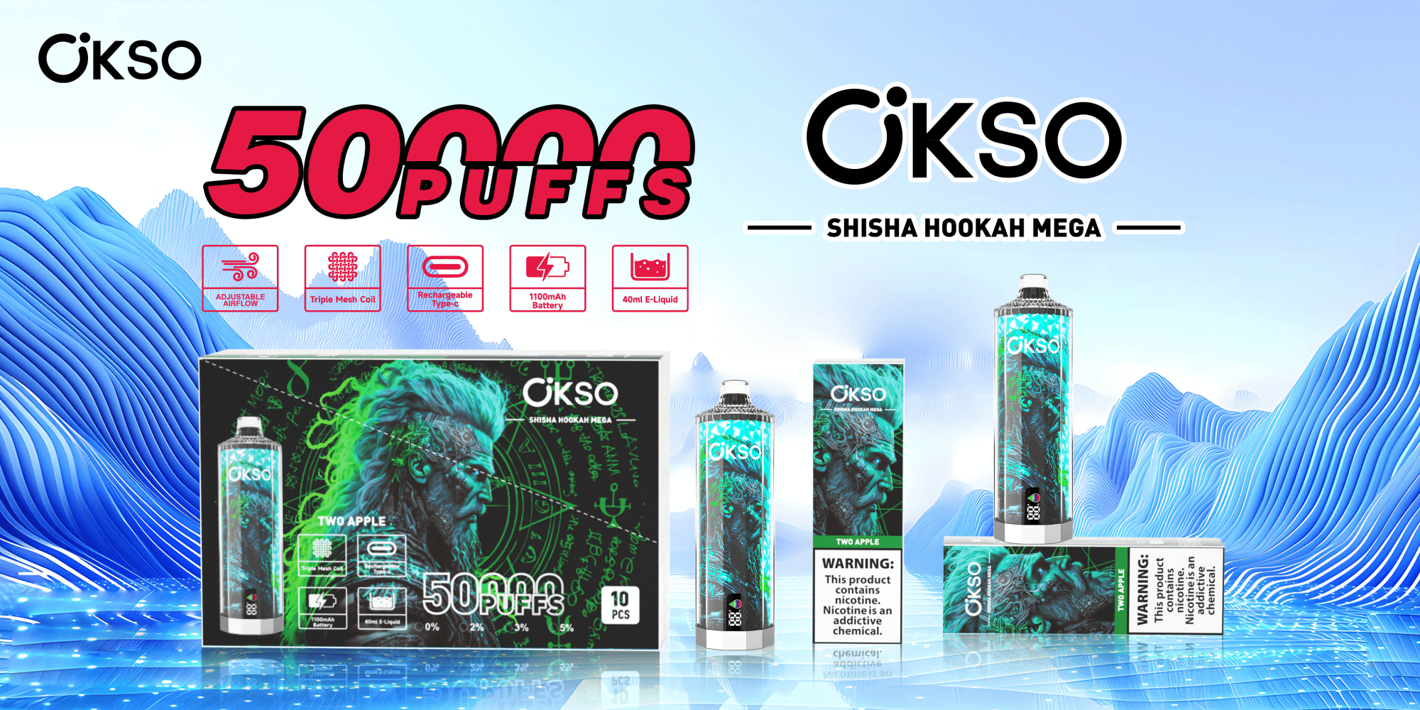 Reklambild för OKSO Shisha Hookah Mega med färgglad förpackning med ett designelement som liknar en grön lejonliknande figur, med framhävning av funktioner som justerbart luftflöde, trippelnätsspole, laddningsbart Type-C-batteri, 1100 mAh-batteri och 40 ml e-vätska med "50000 PUFFS" tydligt synligt.