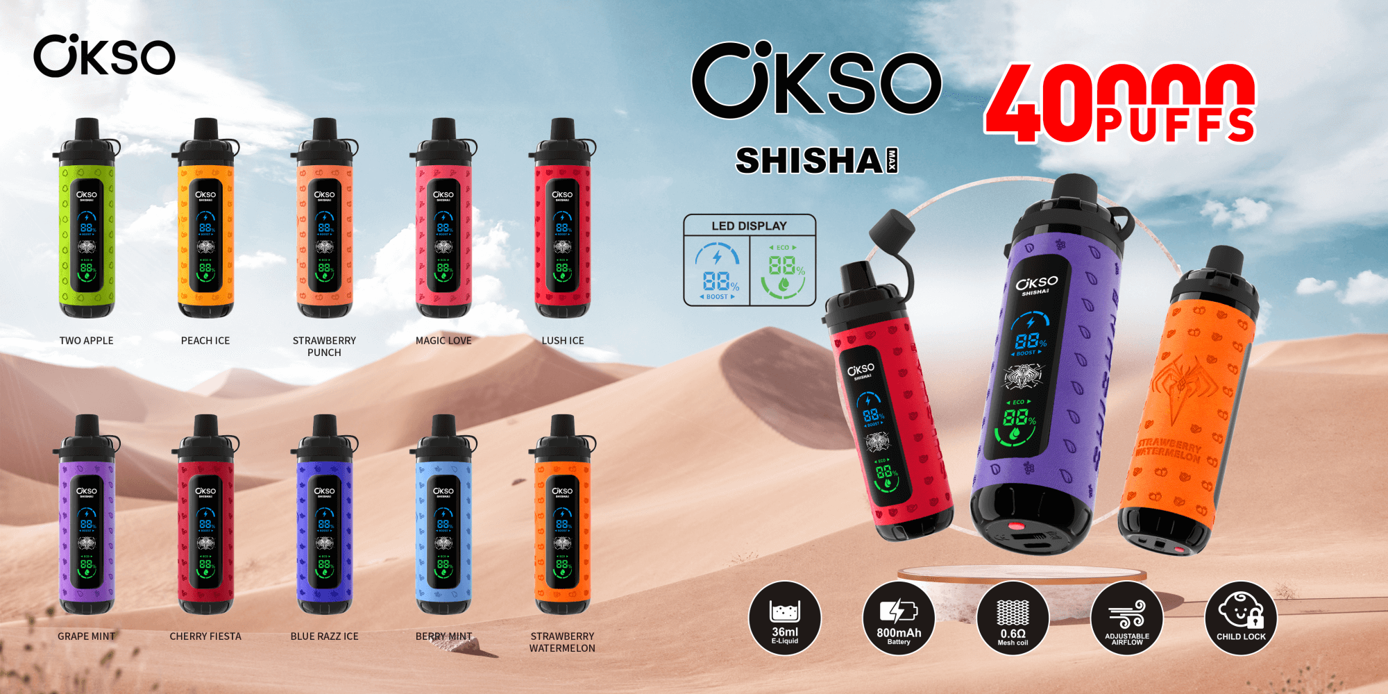 Imagem promocional apresentando dispositivos de vaporização descartáveis OKSO Shisha Pro em vários sabores, incluindo Two Apple, Peach Ice e Strawberry Punch, com capacidade para 40.000 tragadas e display de LED em um cenário desértico.
