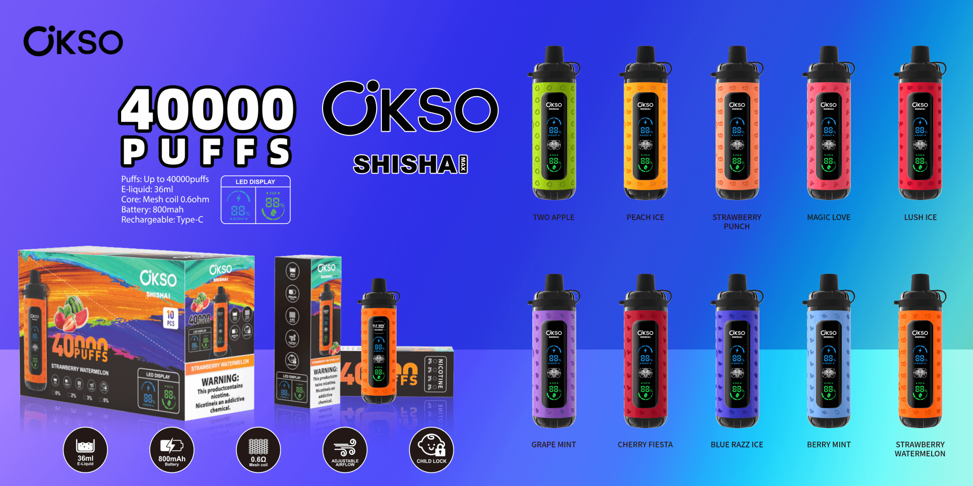 Uma imagem promocional dos dispositivos de vaporização OKSO Shisha apresentando uma variedade de sabores, como Two Apple, Peach Ice e Strawberry Punch, cada um exibido com um design cilíndrico de cores brilhantes e display de LED, junto com a embalagem do produto informando "40.000 PUFFS" e outras especificações, como capacidade da bateria e volume do e-líquido.