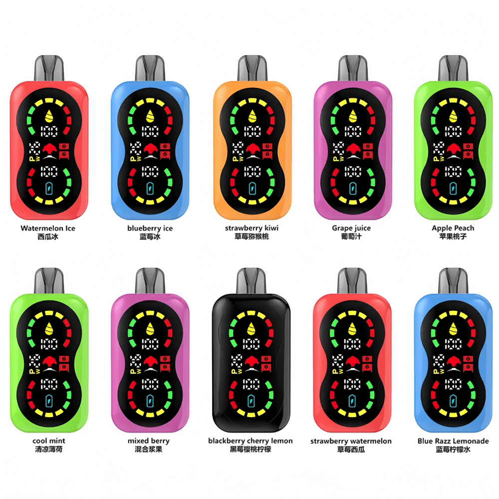 An array of colorful vape devices in ten designs, each labeled with a different flavor such as Watermelon Ice, Blueberry Ice, and Strawberry Kiwi, showing unique graphic designs on their black displays.