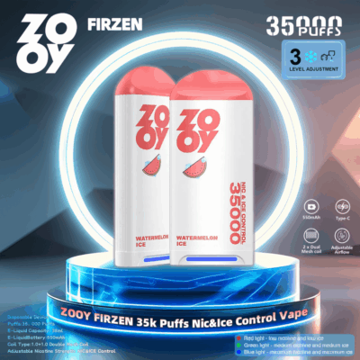 Imagen promocional que muestra dos dispositivos de vapeo desechables ZOOY FIRZEN en sabor Watermelon Ice, etiquetados con capacidad de 35,000 bocanadas, niveles ajustables de nicotina y hielo, y respaldados por especificaciones técnicas como batería de 550 mAh y carga Tipo-C.