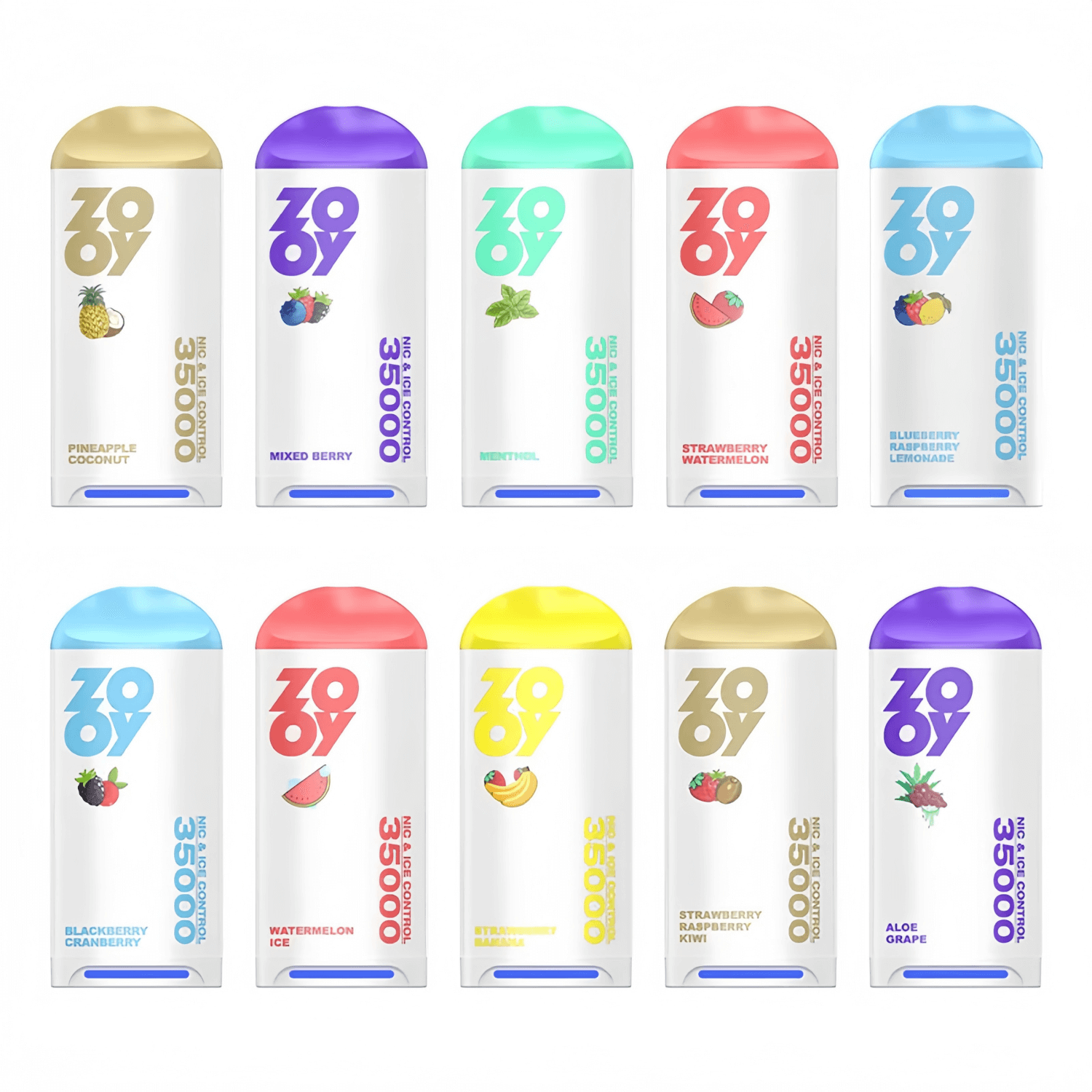 Elva färgglada vape-enheter av märket Zooey arrangerade i två rader, var och en med en distinkt smakillustration och namn, såsom Pineapple Coconut och Aloe Grape.