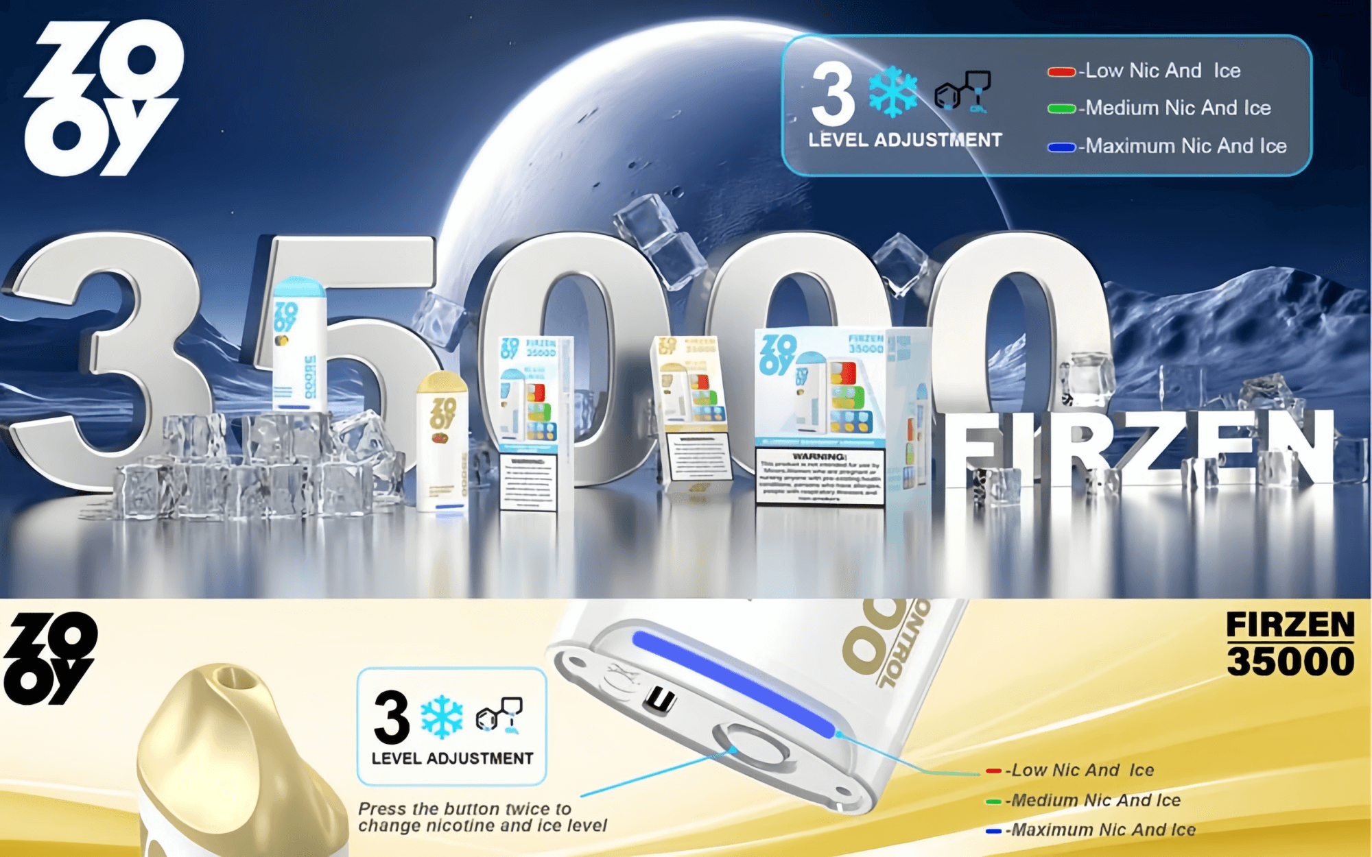 Grafik som visar ZOOY Firzen 35000 vaping-enheten med 3-nivås nikotin- och isjustering, omgiven av isbitar och en futuristisk design.