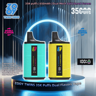 Imagen promocional con dos dispositivos de vapeo desechables Zooy Twins 35000 en verde y amarillo, que muestran características como 35 000 bocanadas, batería de 650 mAh, bobinas de malla dual, pantalla inteligente y opciones de sabor dual.